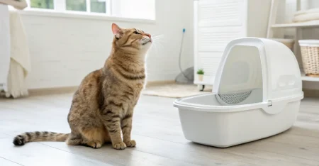 Happy cat sitting next to clean litter box in bright home - solving cat peeing outside litter box problems