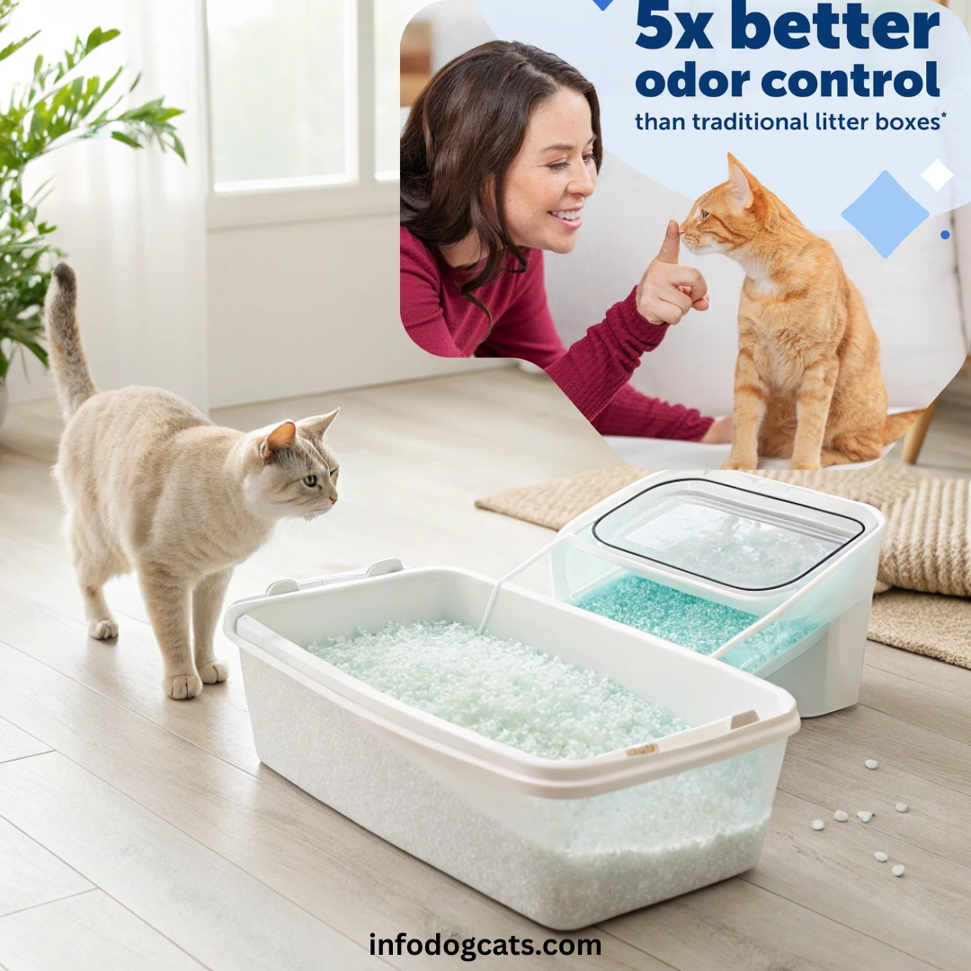 Crystal cat litter tray with silica crystals in a clean indoor home setting