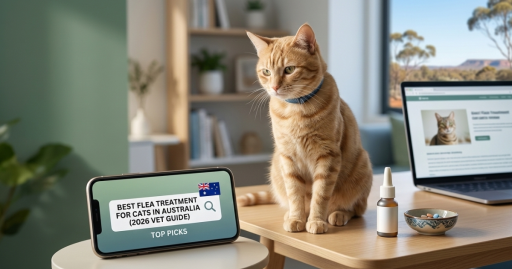 Orange tabby cat in an Australian home with a smartphone showing 2026 vet guide for best flea treatment for cats in Australia. Orange tabby cat in an Australian home with a smartphone showing 2026 vet guide for best flea treatment for cats in Australia.