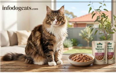 A beautiful Maine Coon cat sitting next to a bowl of Dehner Best Nature Wet Food (Veal & Turkey flavor) in a sunlit Australian home setting. The image is optimized for best wet cat food australia.