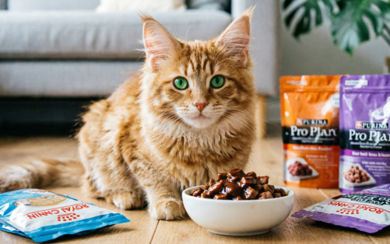 Fluffy Maine Coon kitten eating premium wet food from ceramic bowl with Royal Canin and Purina Pro Plan pouches nearby