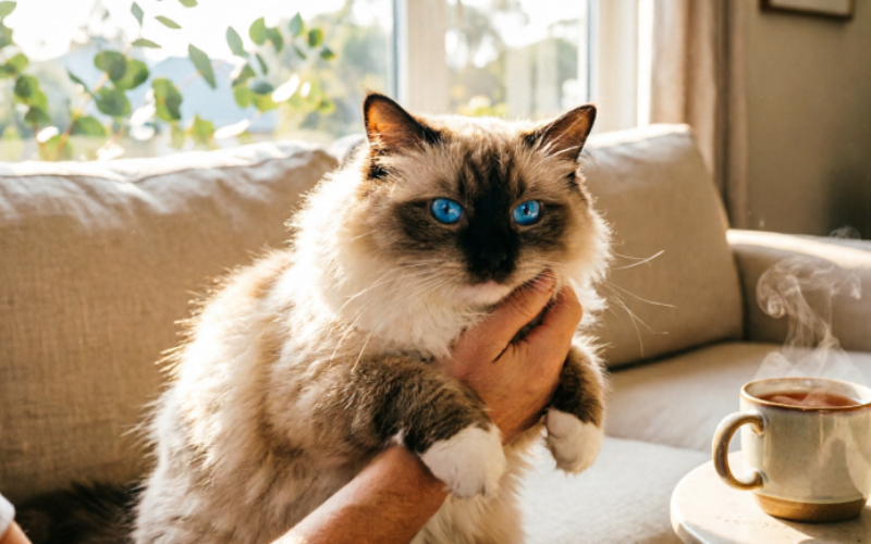 Affectionate Ragdoll cat with blue eyes cuddling in sunny Australian home - why are ragdolls affectionate cats in australia